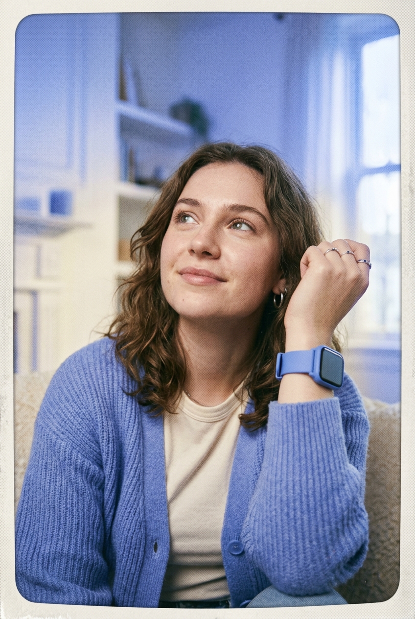 Person wearing the Pixie Fit Periwinkle Drift smartwatch